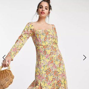 ASOS DESIGN square neck midi skater dress in cream floral print